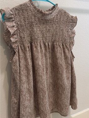 THML Tan Printed Ruffle Shoulder Top